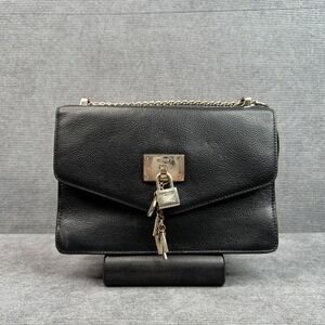 DKNY Black Pebbled Leather Crossbody Bag Gold Padlock Y2K Chain Strap Messenger